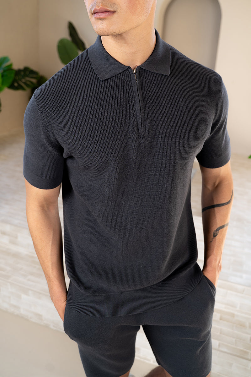 Premium Ribbed Knitted Polo Shirt - Charcoal