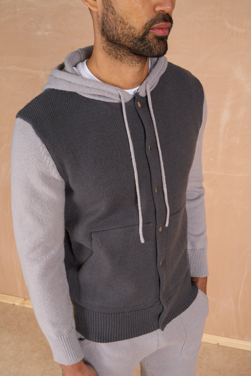 Panel Knitted Popper Hoody - Grey