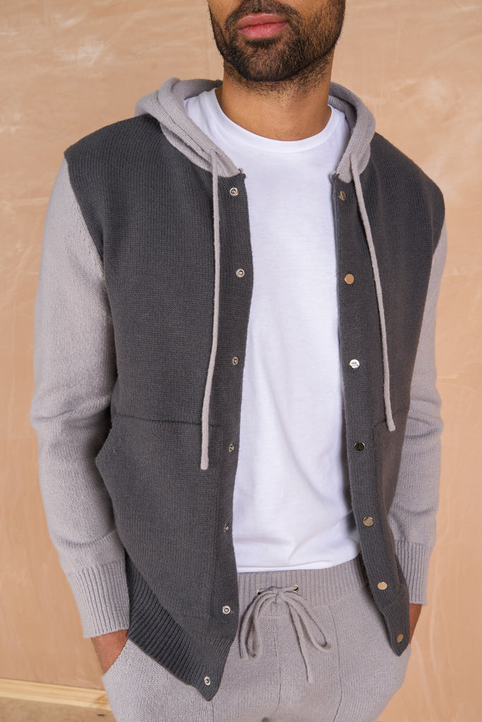 Panel Knitted Popper Hoody - Grey