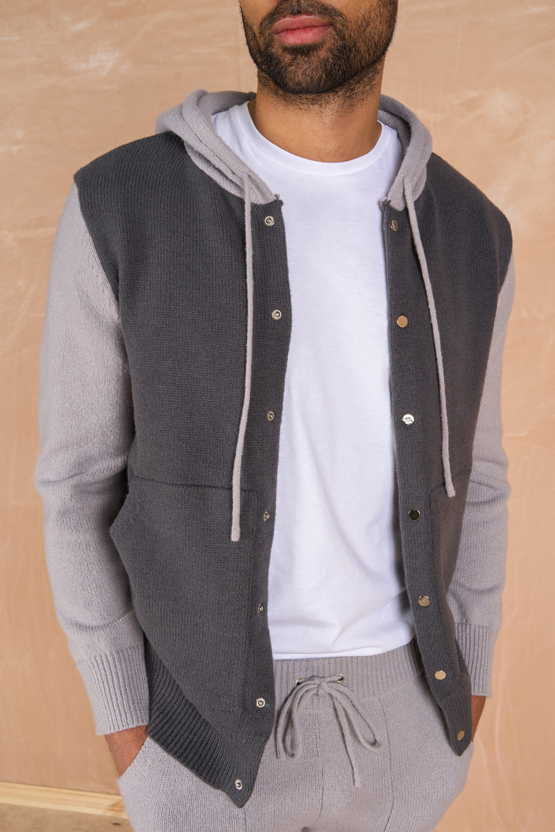 Panel Knitted Popper Hoody - Grey