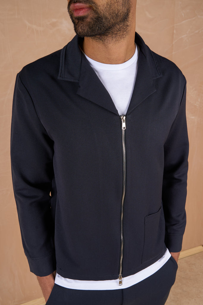 Cuban Zip-Up Jacket - Navy