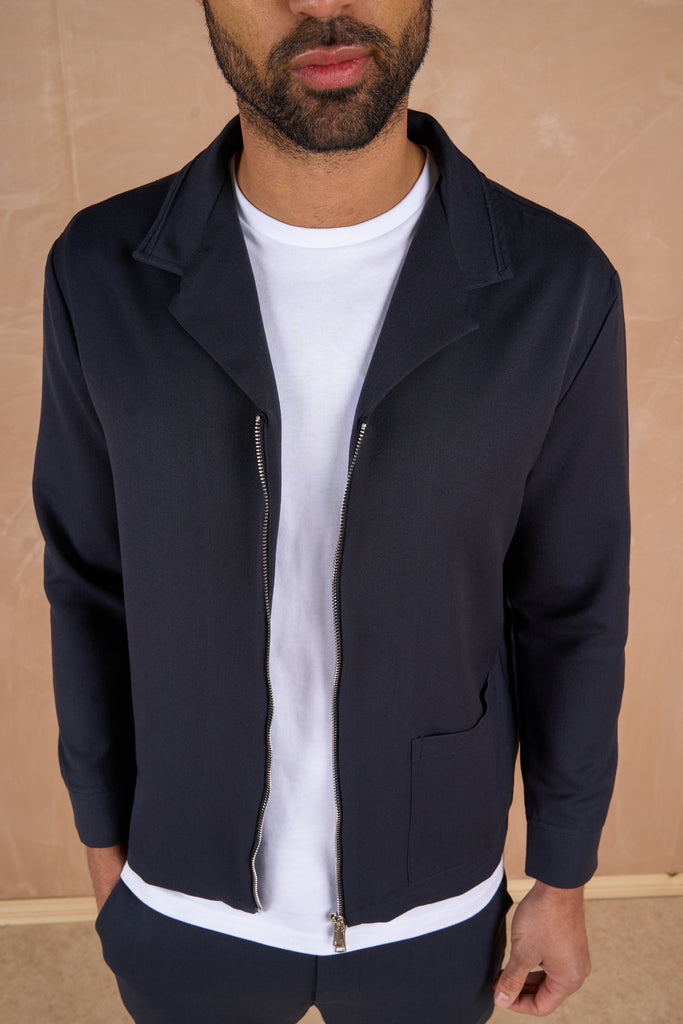 Cuban Zip-Up Jacket - Navy