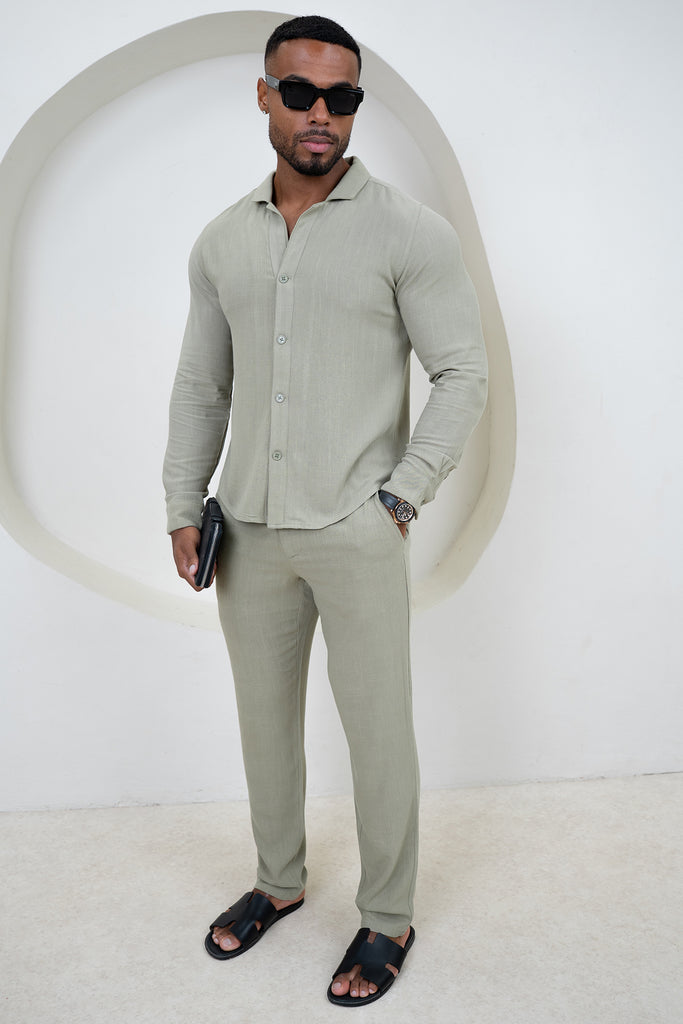 Linen Long Sleeve Resort Shirt - Olive