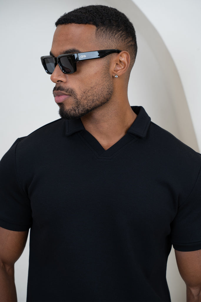 Brushed Scuba Open Neck Polo - Black