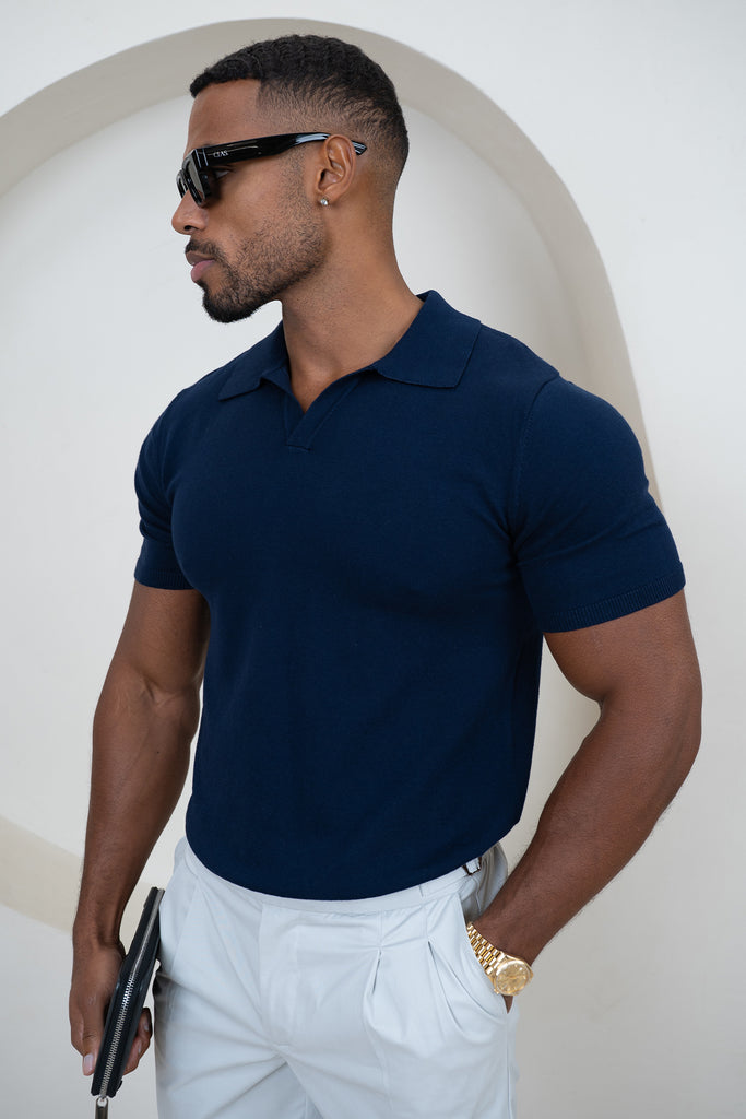 Slim Fit Knitted Open Neck Polo - Navy