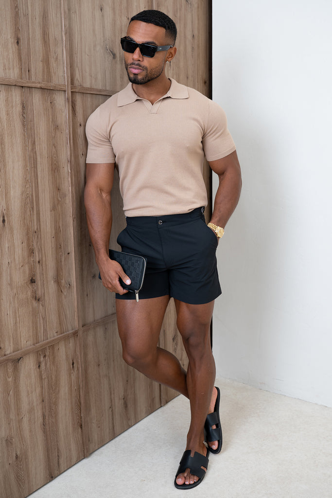 Slim Fit Knitted Open Neck Polo - Taupe