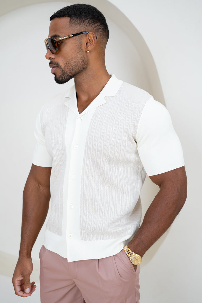 Herringbone Premium Knit Shirt - Stone/White