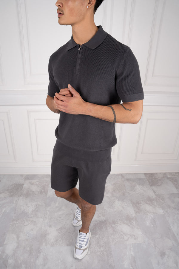 Premium Ribbed Knitted Polo Shirt - Charcoal