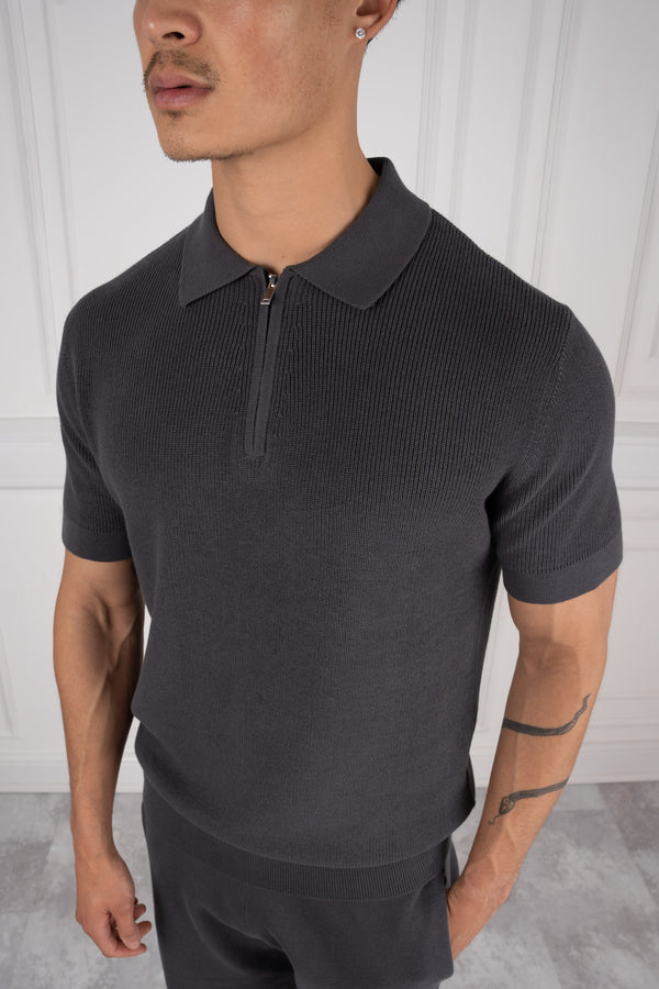 Premium Ribbed Knitted Polo Shirt - Charcoal