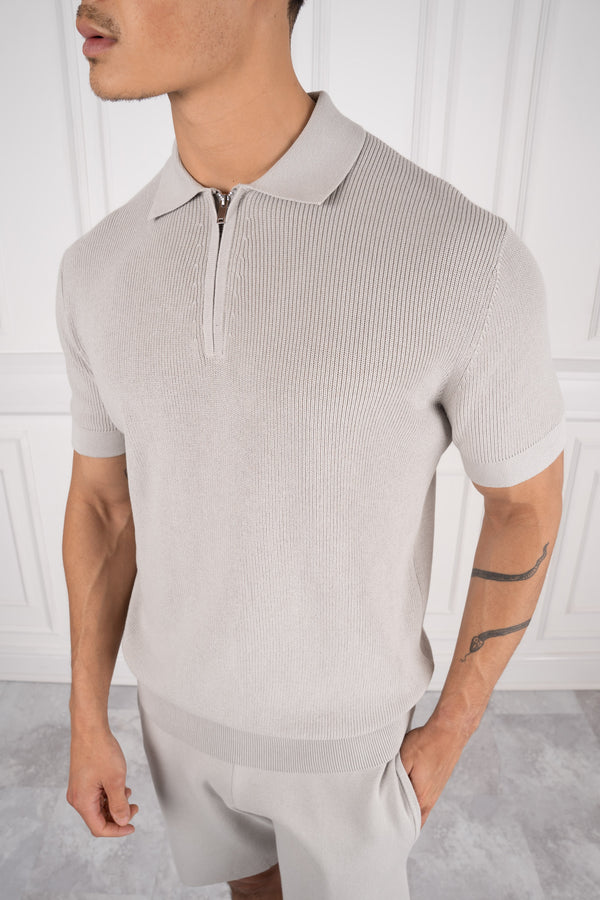 Premium Ribbed Knitted Polo Shirt - Grey