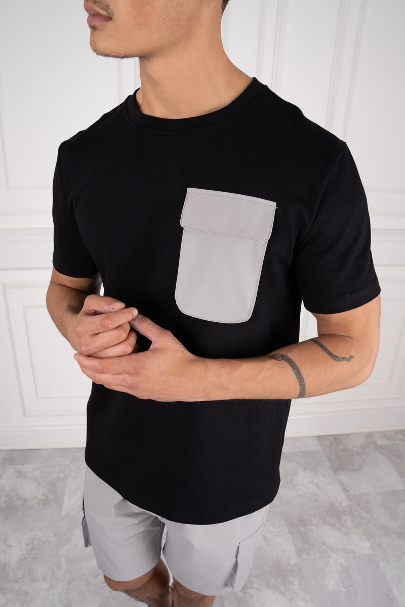 Premium Slim Fit Pocket Patch T-Shirt - Black/Charcoal