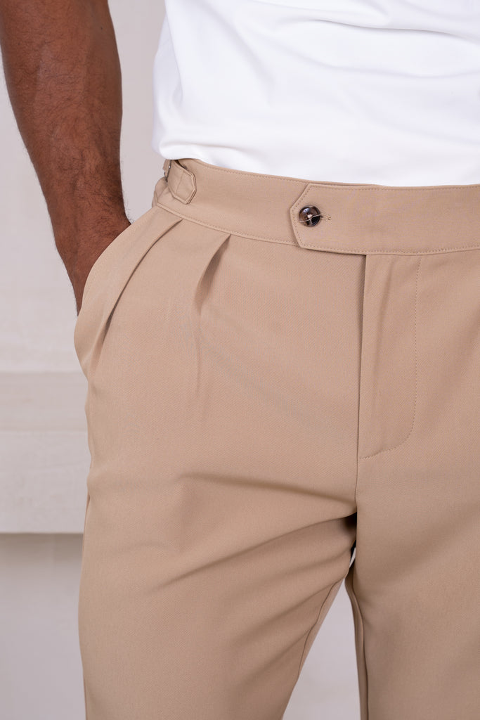 Buckle and Pleat Tailored Trouser - Stone