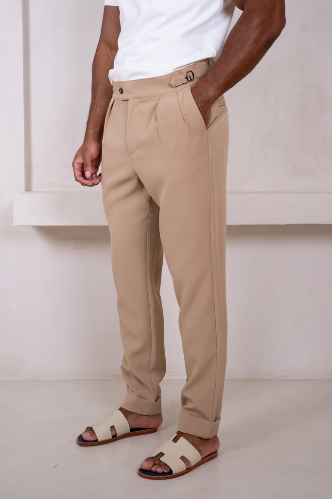 Buckle and Pleat Tailored Trouser - Stone