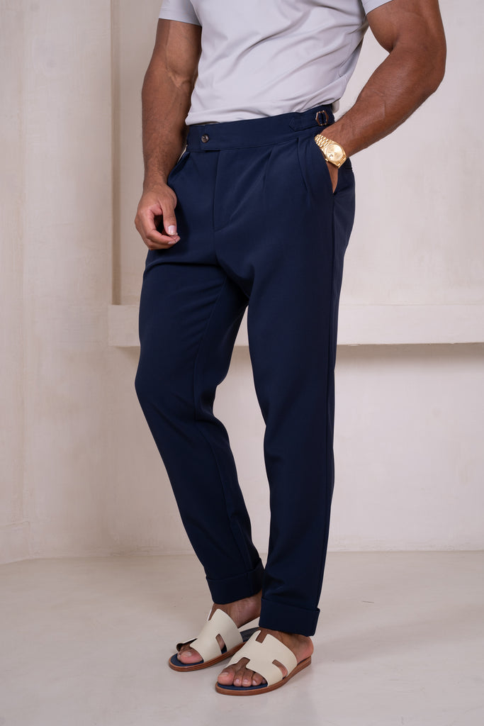 Buckle and Pleat Tailored Trouser - Navy