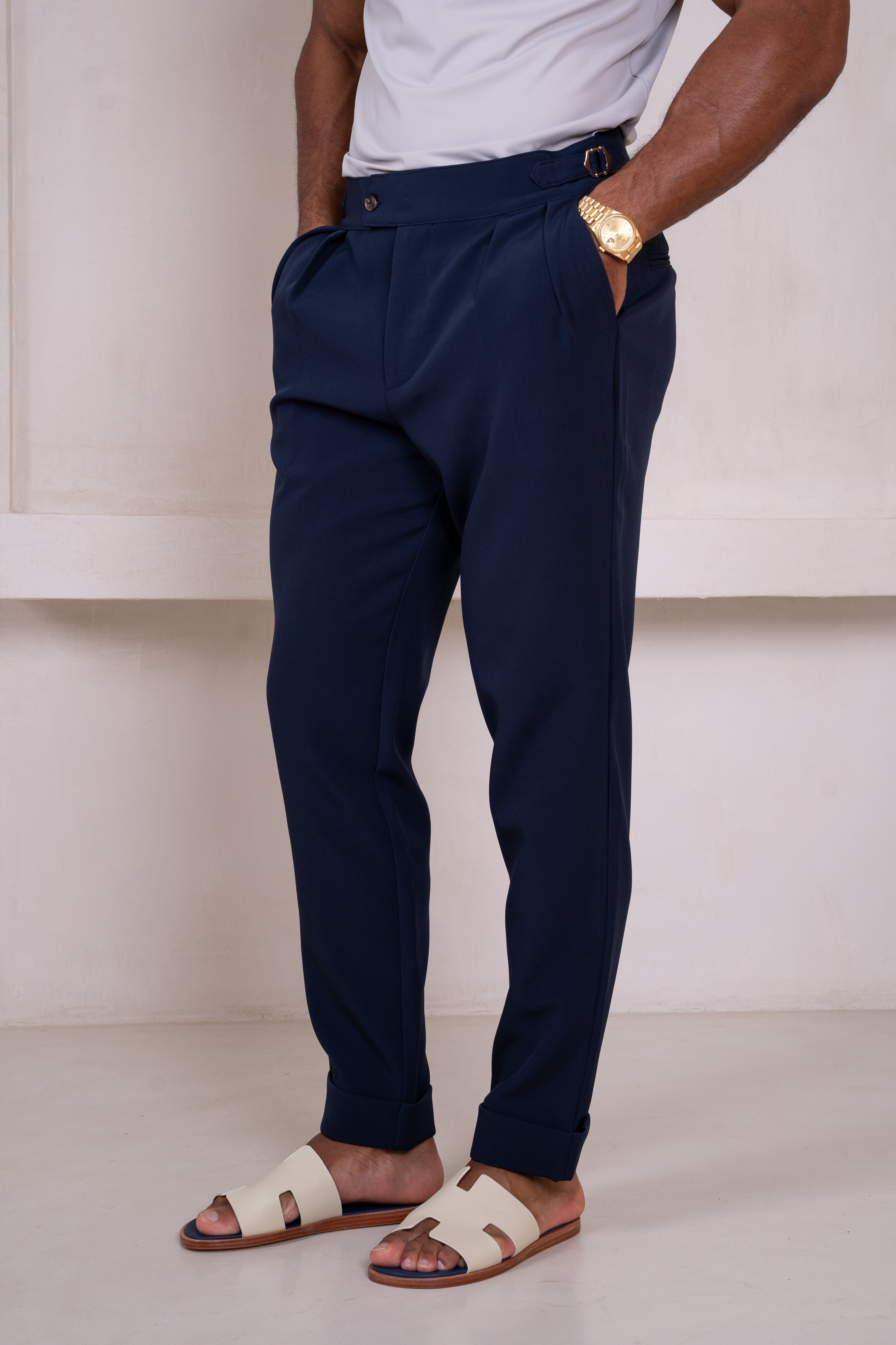 Buckle and Pleat Tailored Trouser - Navy