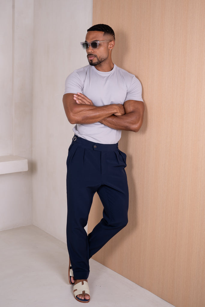 Buckle and Pleat Tailored Trouser - Navy