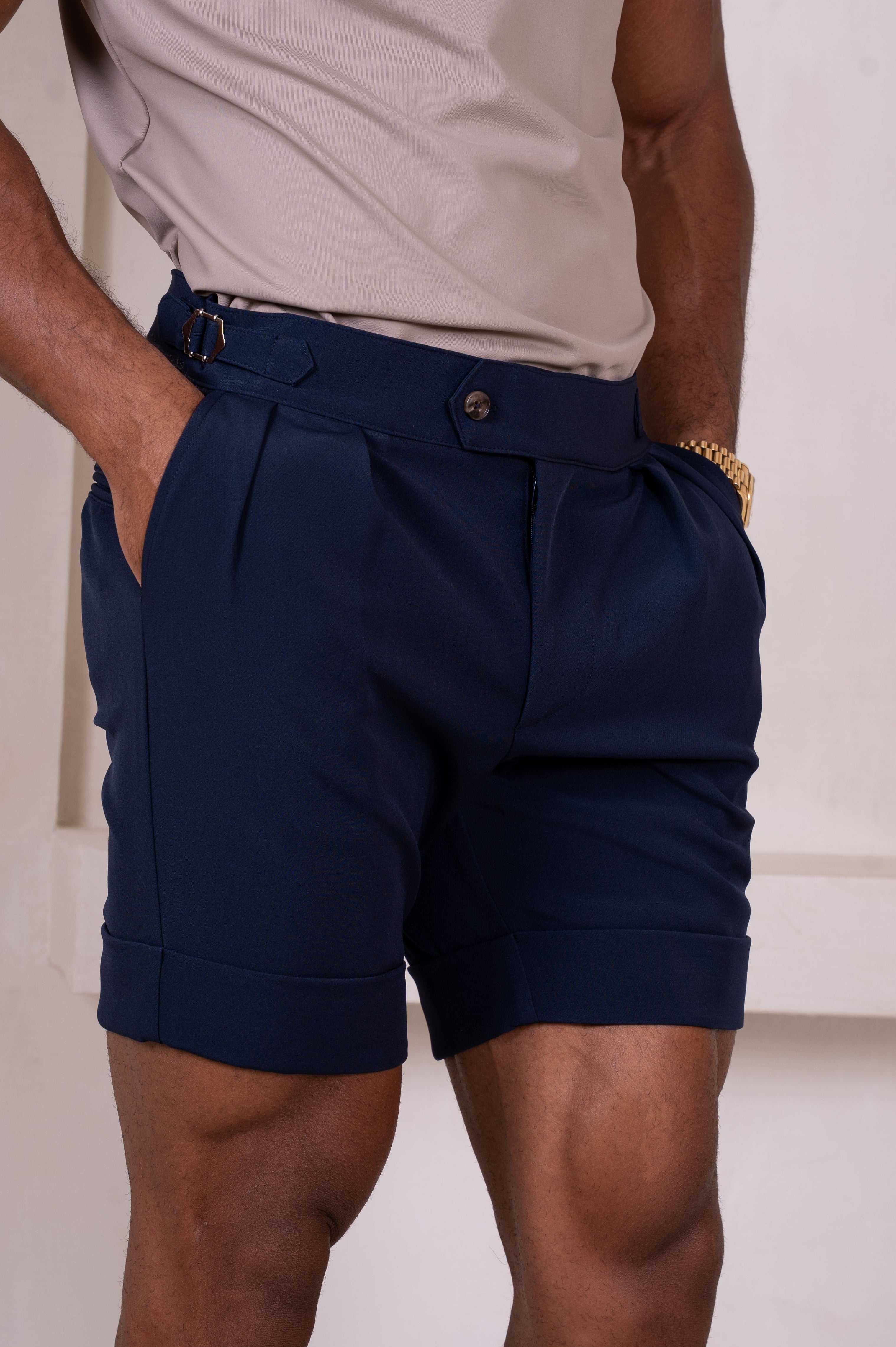 Buckle and Pleat Shorts - Navy