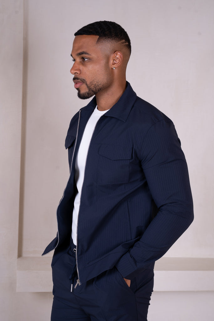 Pinstripe Cargo Utility Overshirt - Navy