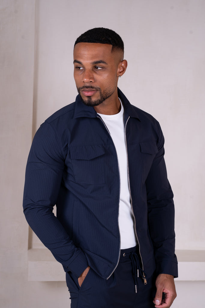 Pinstripe Cargo Utility Overshirt - Navy