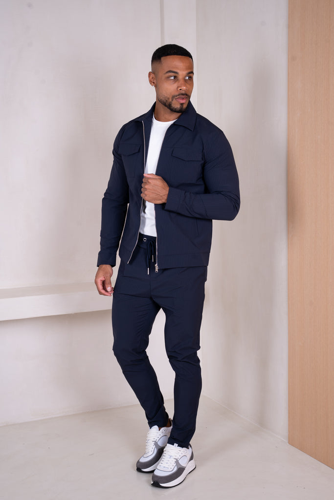 Pinstripe Cargo Utility Overshirt - Navy