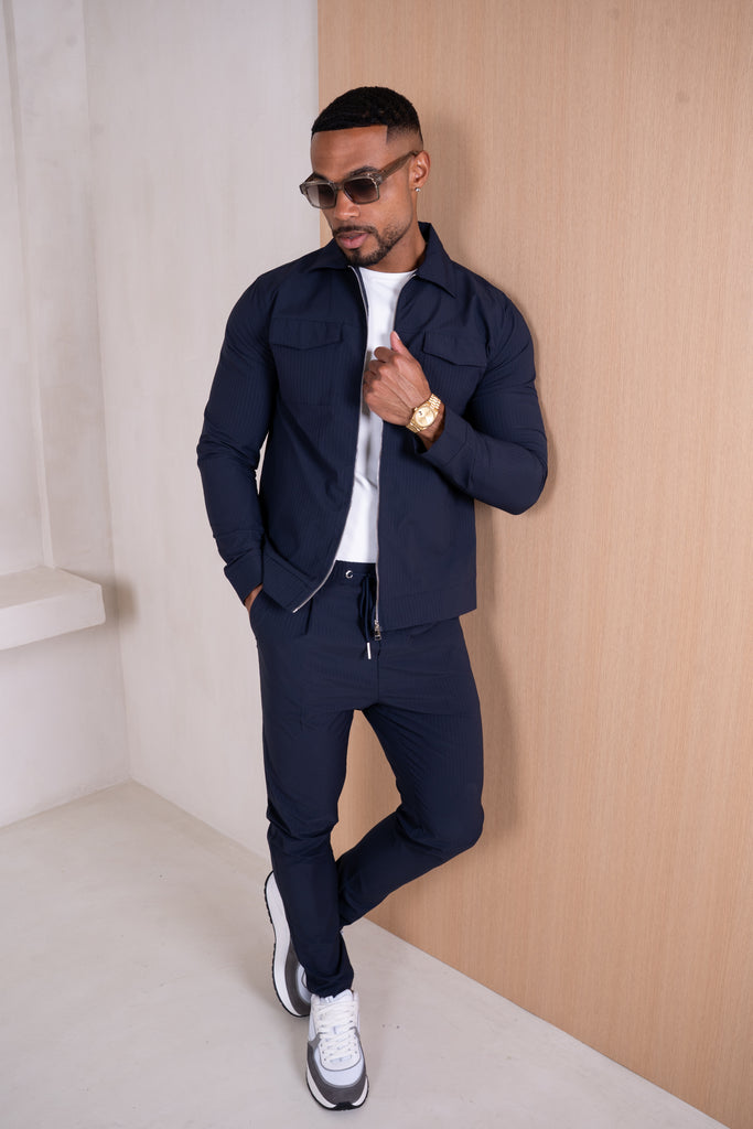 Pinstripe Cargo Utility Overshirt - Navy