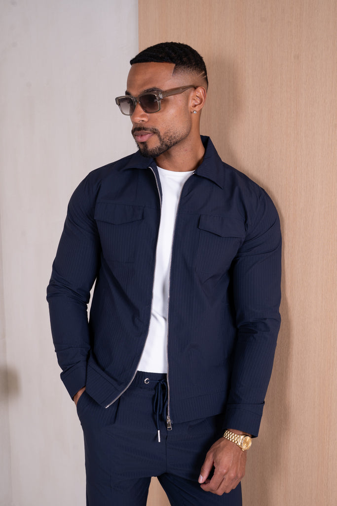 Pinstripe Cargo Utility Overshirt - Navy