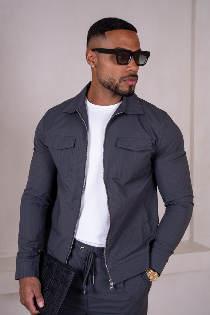 Pinstripe Cargo Utility Overshirt - Charcoal