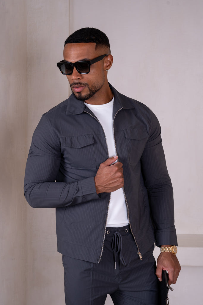 Pinstripe Cargo Utility Overshirt - Charcoal