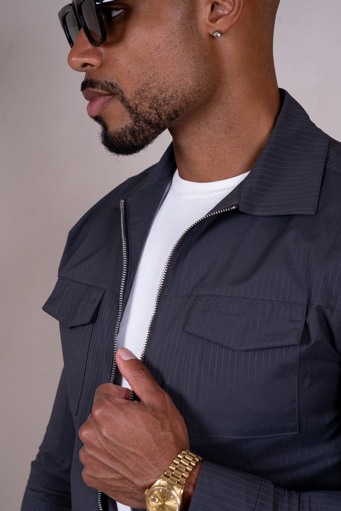 Pinstripe Cargo Utility Overshirt - Charcoal