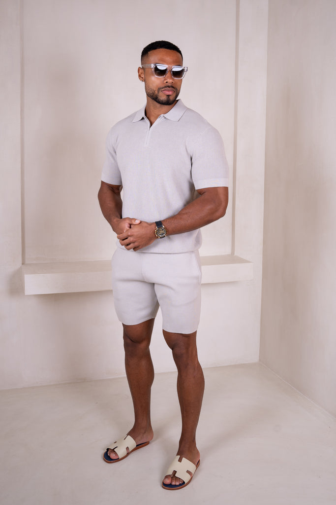 Premium Ribbed Knitted Polo Shirt - Grey