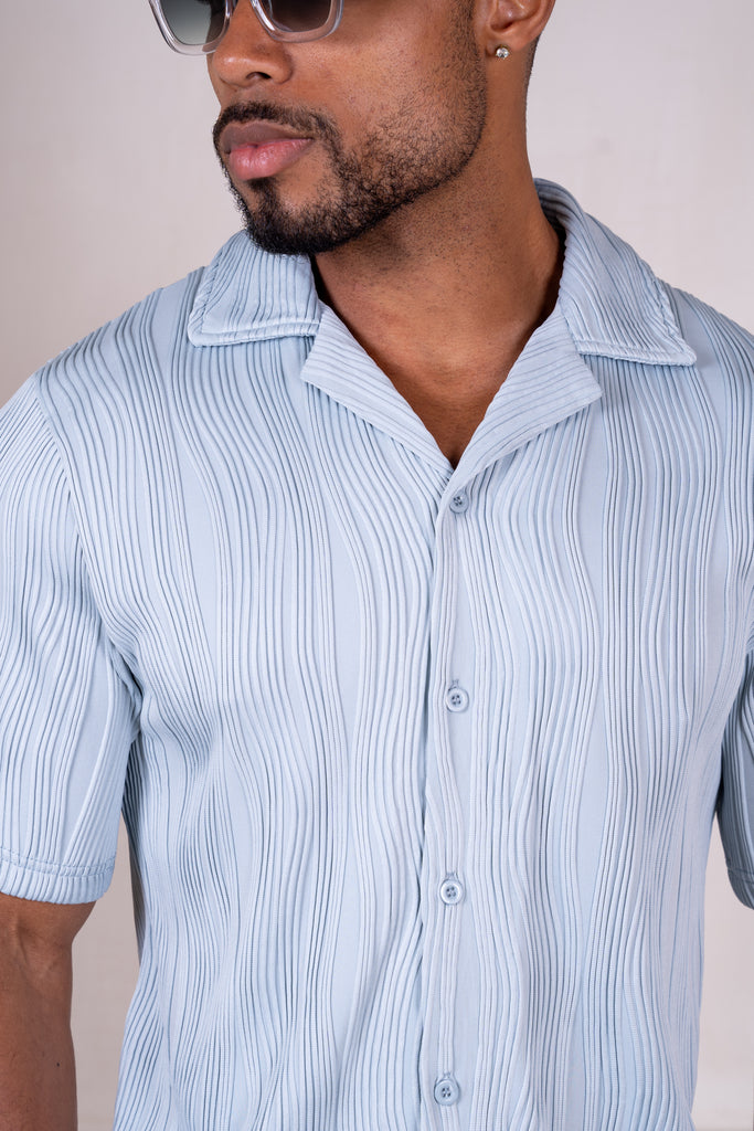 Ripple Texture Slim Fit Button Through Shirt - Pale Blue