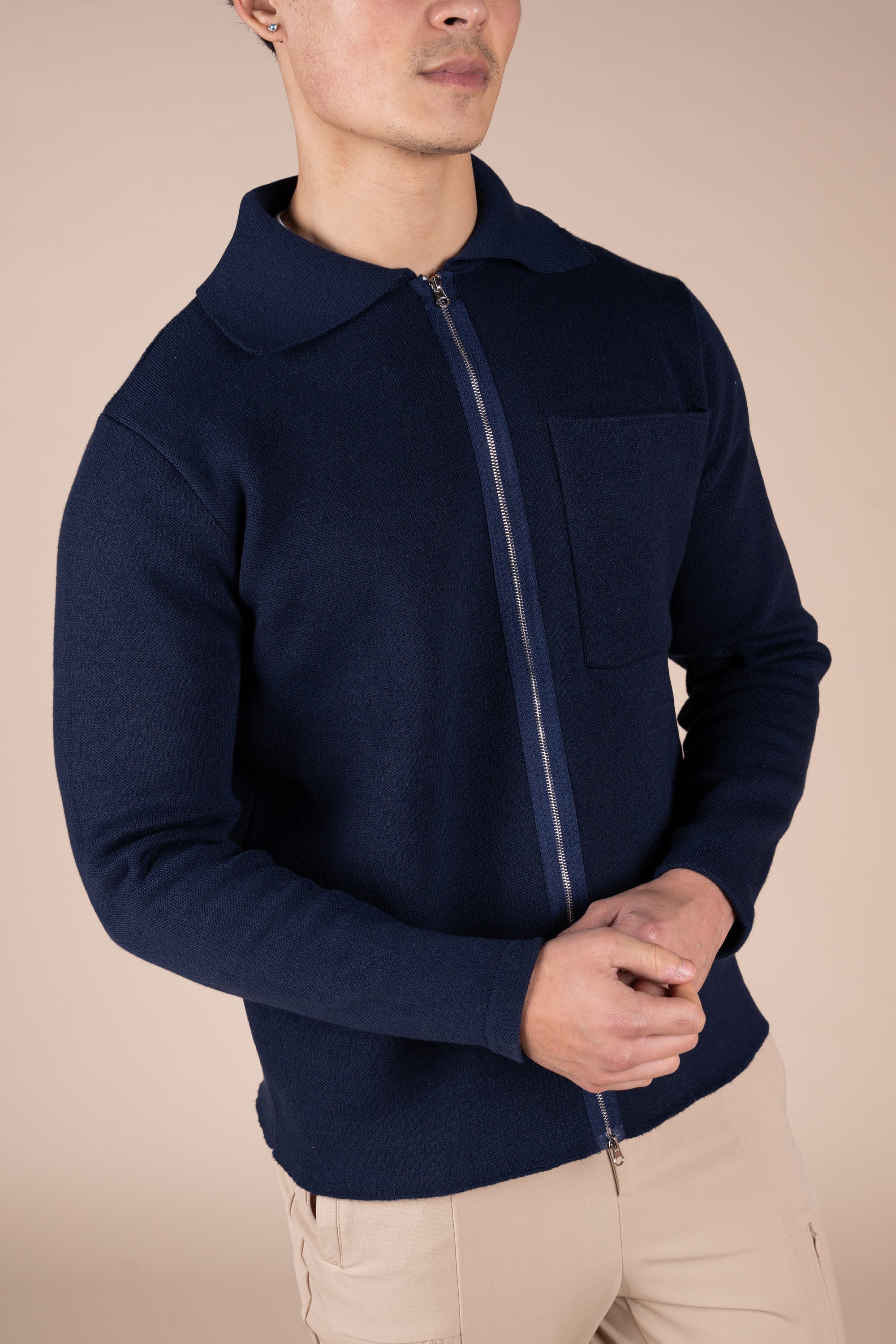 Collared Zip Up Cardigan - Navy