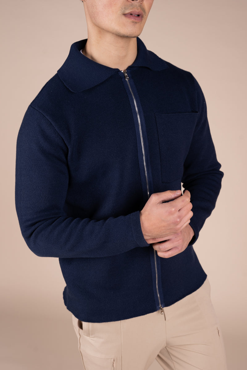 Collared Zip Up Cardigan - Navy