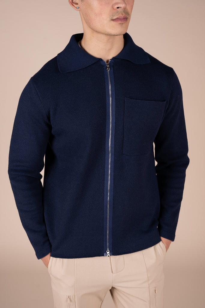 Collared Zip Up Cardigan - Navy