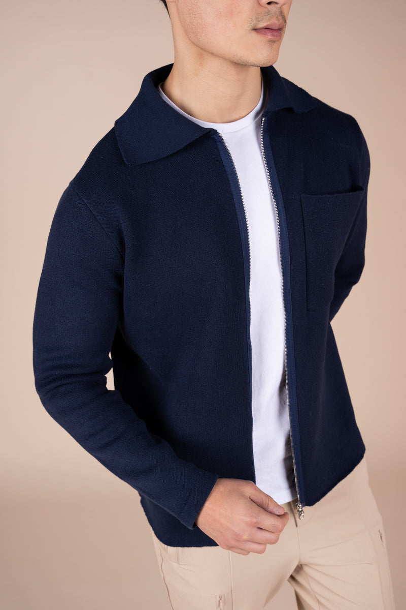 Collared Zip Up Cardigan - Navy