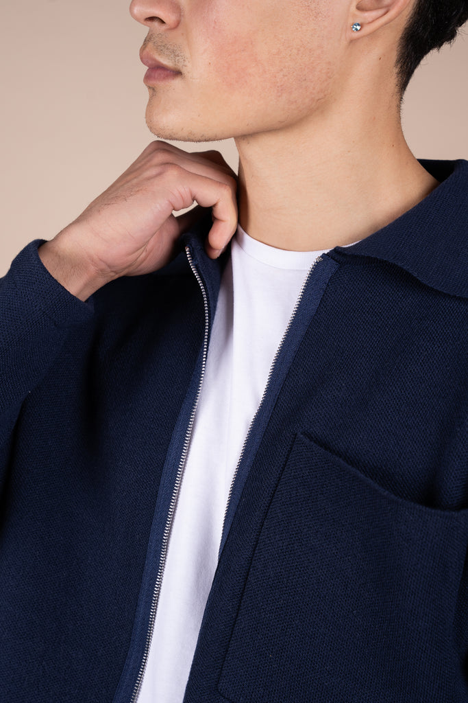 Collared Zip Up Cardigan - Navy