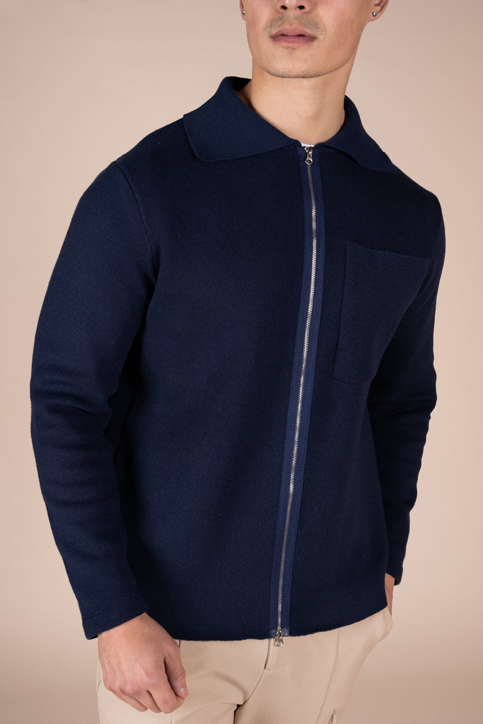 Collared Zip Up Cardigan - Navy