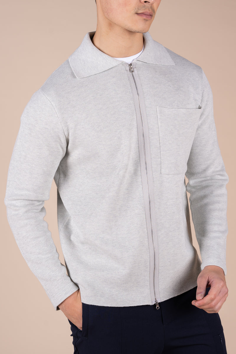 Collared Zip Up Cardigan - Grey