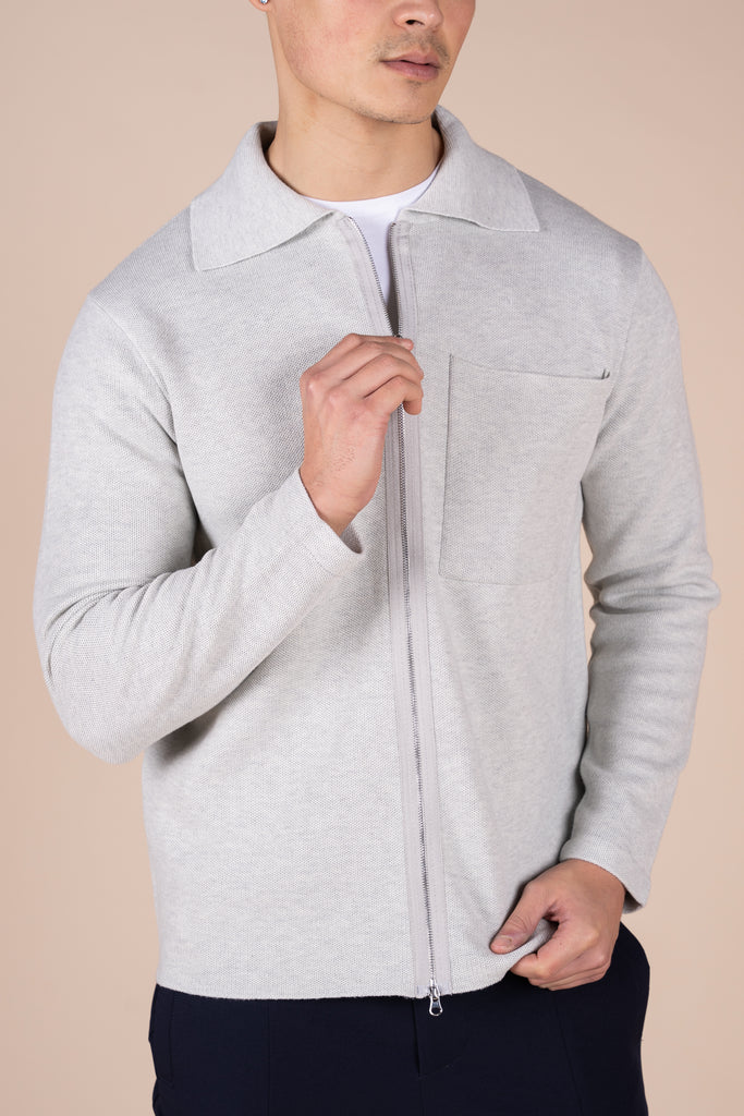 Collared Zip Up Cardigan - Grey