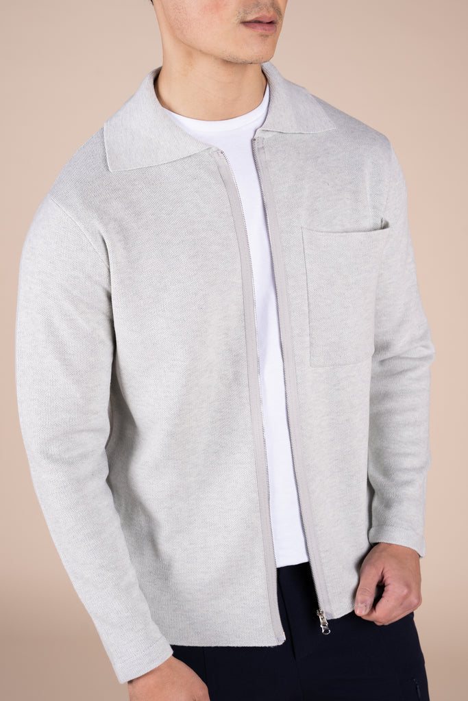 Collared Zip Up Cardigan - Grey