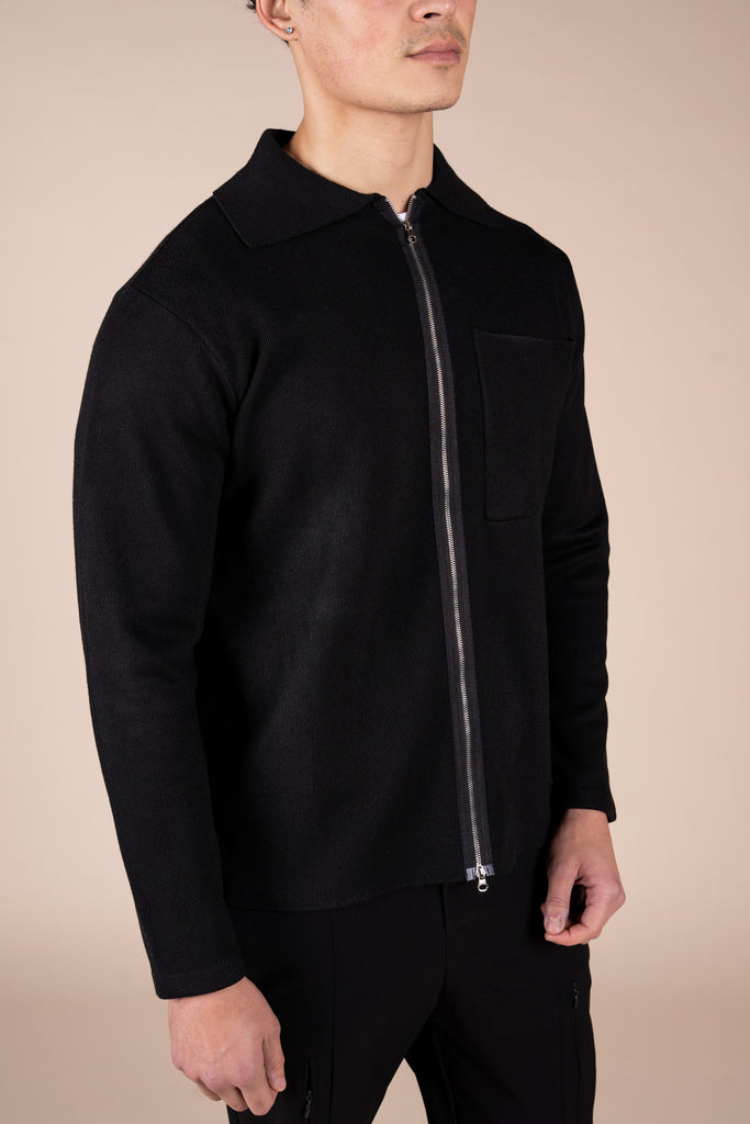 Collared Zip Up Cardigan - Black