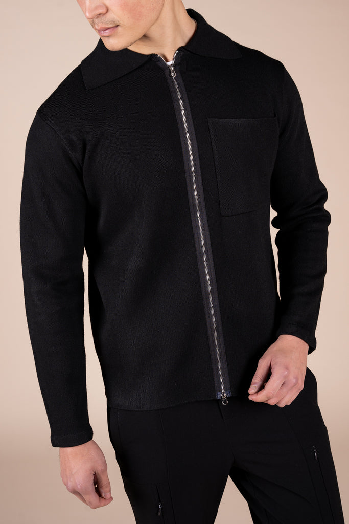 Collared Zip Up Cardigan - Black