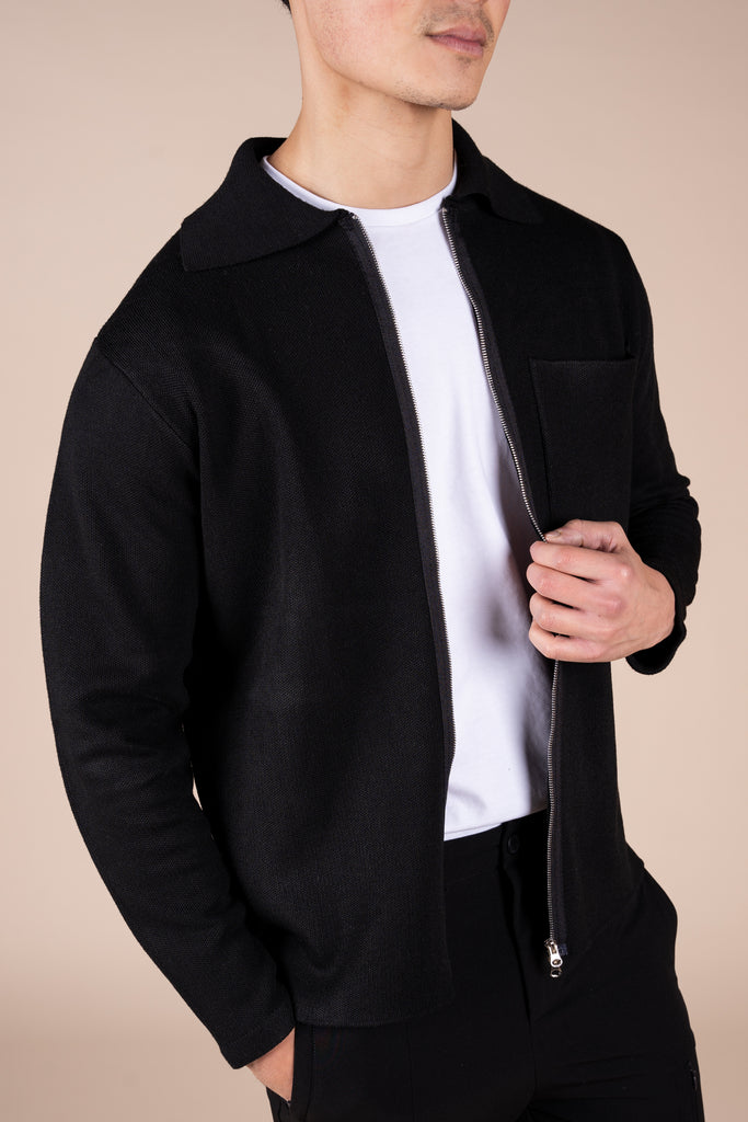 Collared Zip Up Cardigan - Black