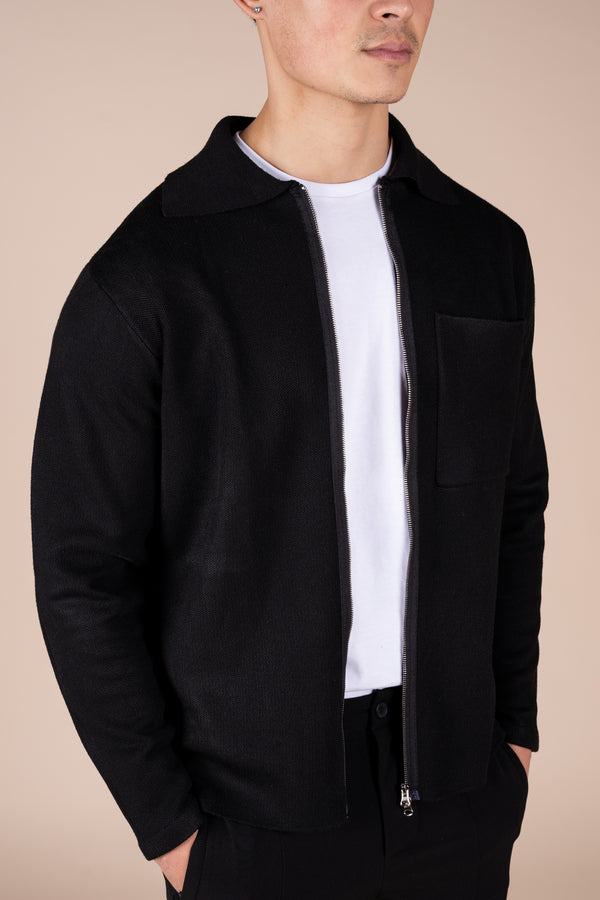 Collared Zip Up Cardigan - Black