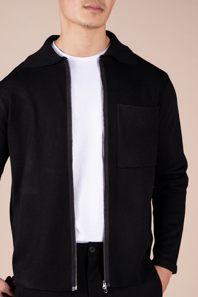 Collared Zip Up Cardigan - Black