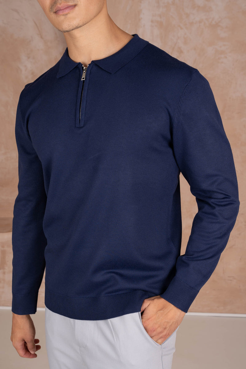 Premium Knitted Long Sleeve Zip Polo-Shirt - Navy