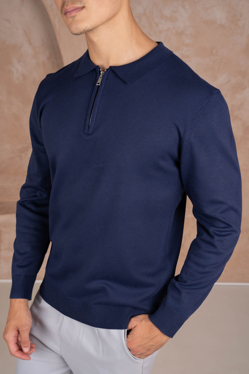 Premium Knitted Long Sleeve Zip Polo-Shirt - Navy