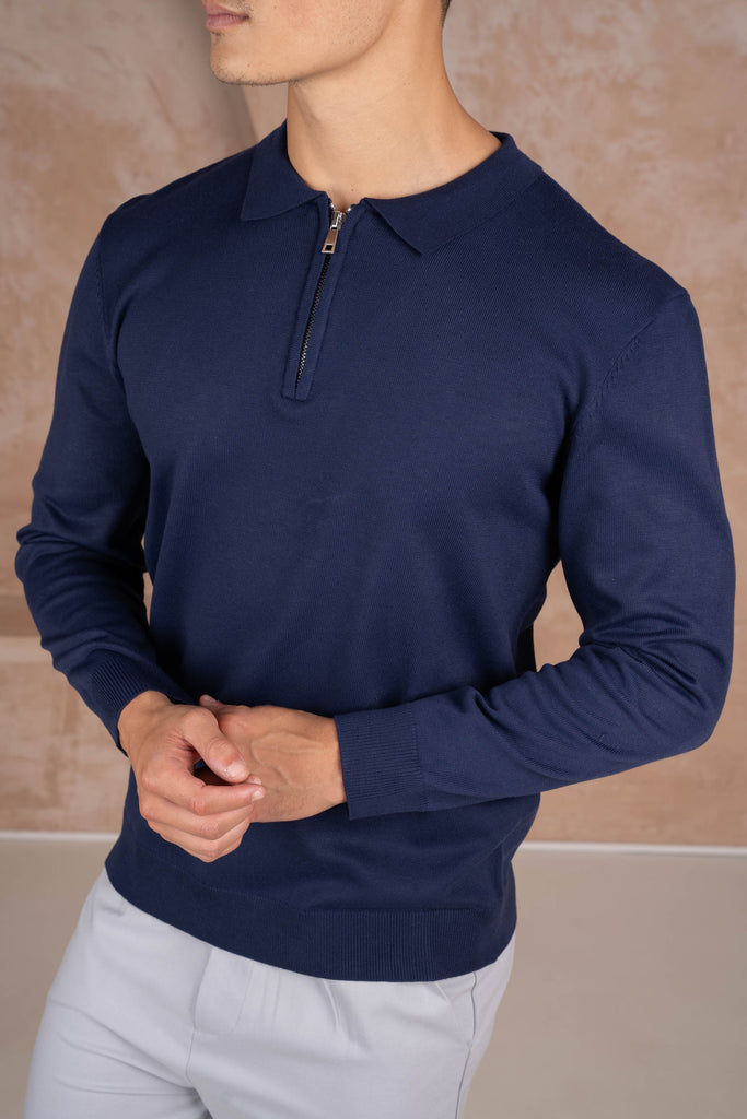 Premium Knitted Long Sleeve Zip Polo-Shirt - Navy