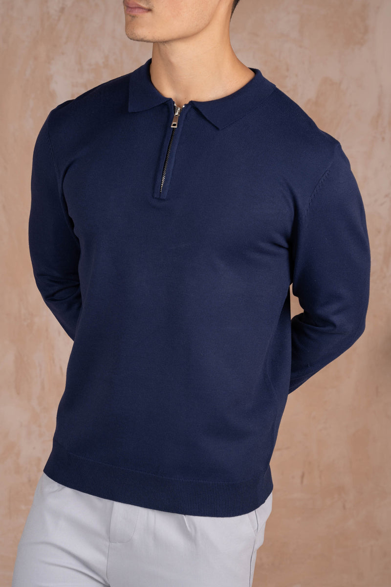 Premium Knitted Long Sleeve Zip Polo-Shirt - Navy