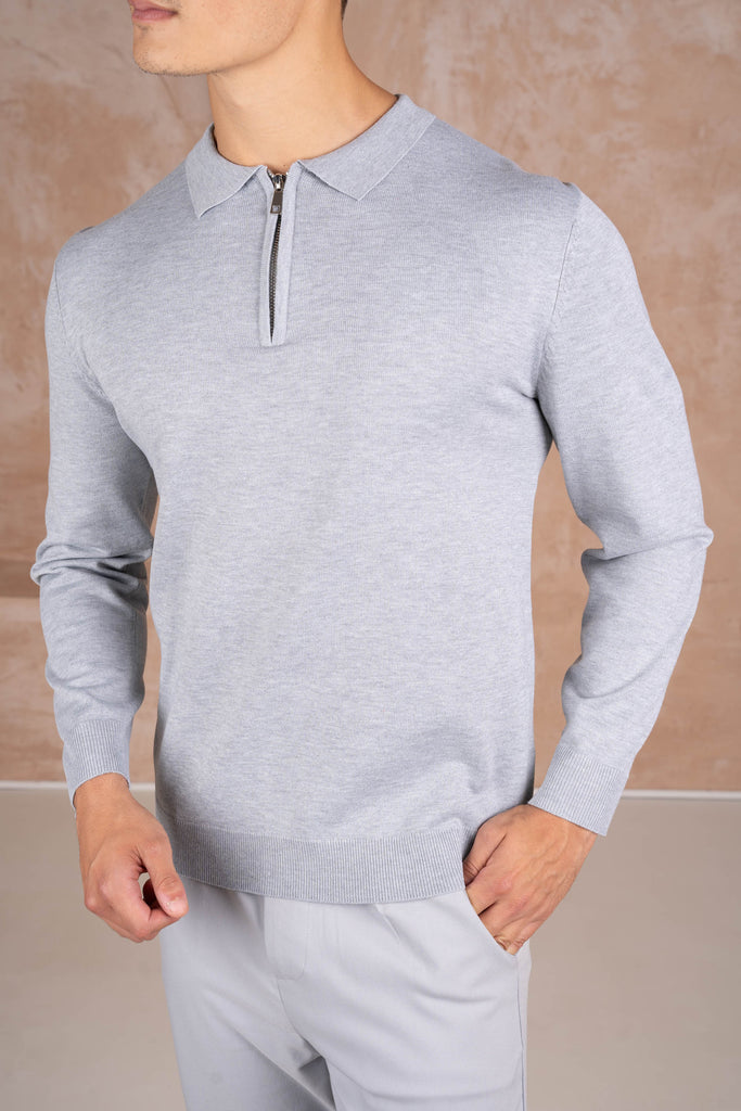 Premium Knitted Long Sleeve Zip Polo-Shirt - Grey